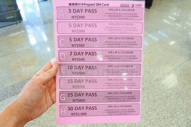 中華電信のプリペイドSIMカード価格一覧