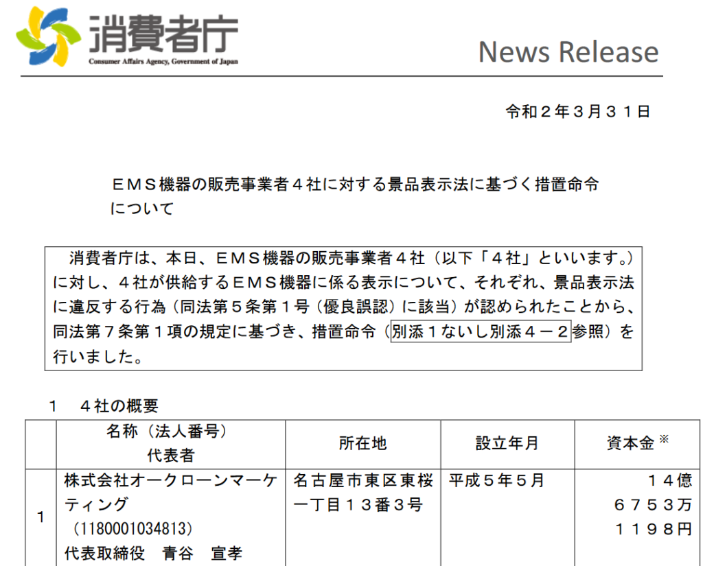 スレンダートーン販売中止消費者庁措置命令